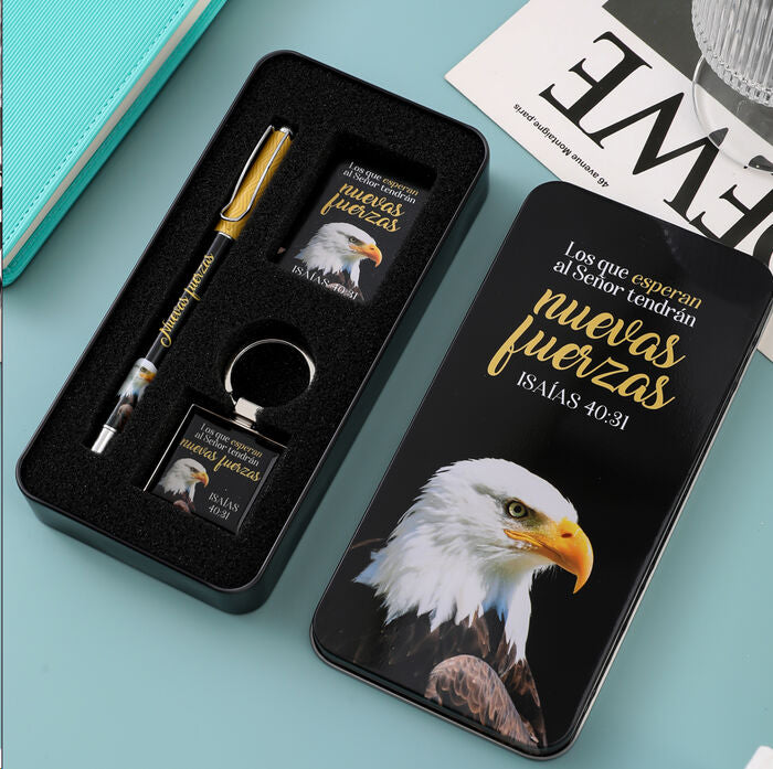 Pack bolígrafo, llavero y tarjeta en caja metálica. Nuevas fuerzas