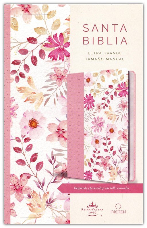 Biblia Reina Valera 1960 letra grande. Piel rosada con flores, tamaño manual