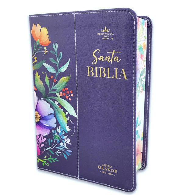 Biblia RVR 1960, Tamaño portátil, Letra Grande, imitación piel morada con flores