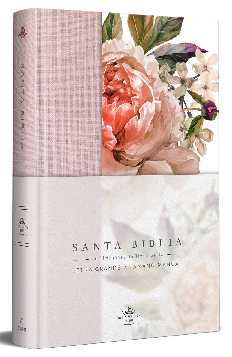 Biblia RVR1960 letra grande. Tapa Dura, Tela rosada con flores, tamaño manual
