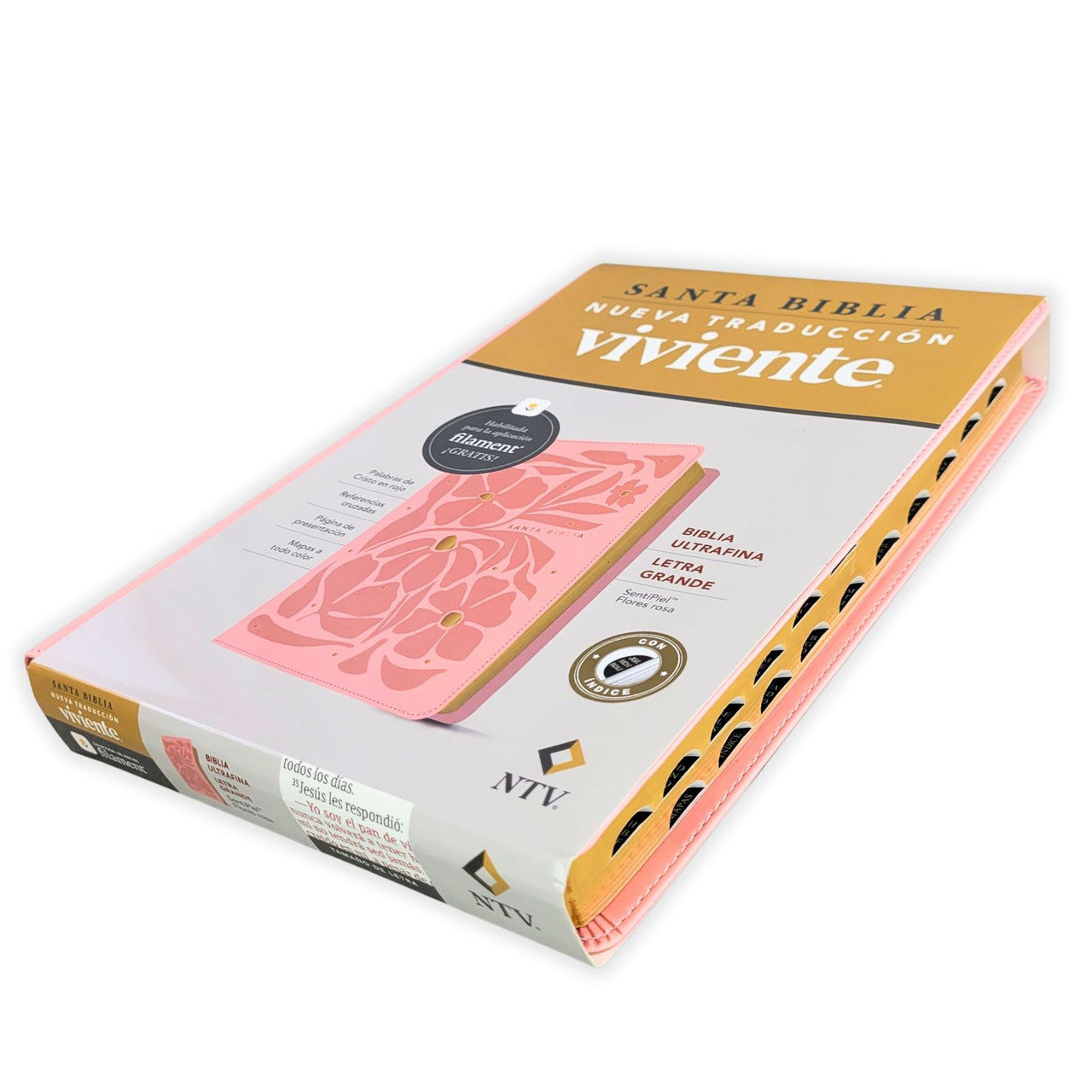 Biblia NTV con Filament, Ultrafina, con índice, Letra Grande, SentiPiel rosa flores