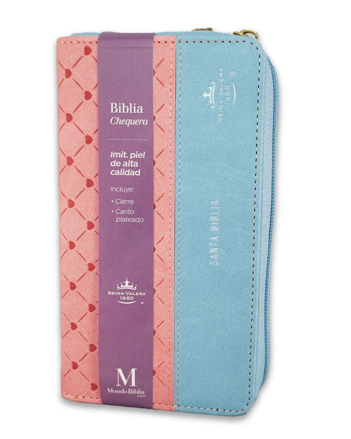 Biblia RVR 1960, Cierre zíper, símil piel rosada con celeste- Tipo chequera