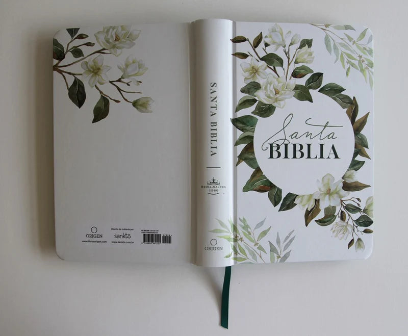 Biblia RVR 1960, Letra Grande, Tamaño Manual, tapa dura blanca flores
