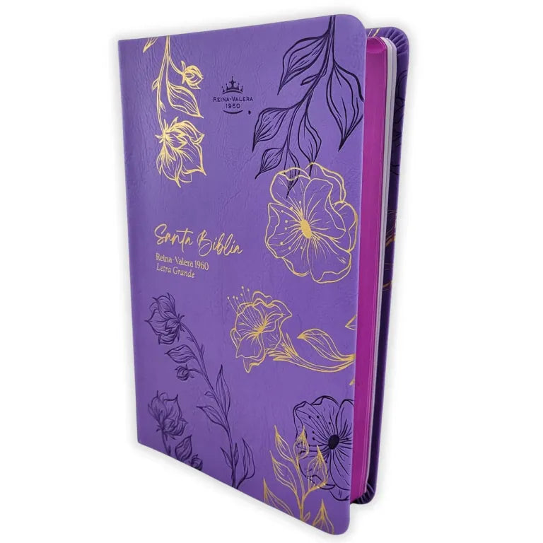 Biblia RVR 1960, Tamaño Manual, Letra Grande, imitación piel morado flores