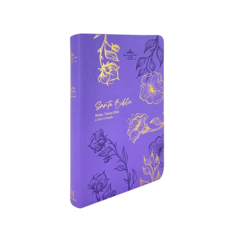 Biblia RVR 1960, Tamaño Manual, Letra Grande, imitación piel morado flores