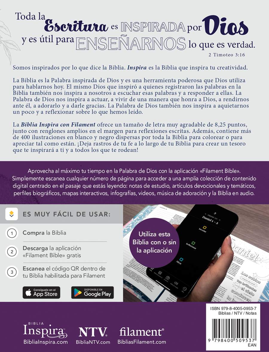 Biblia Inspira con Filament NTV (Tapa dura SentiPiel Lavanda)